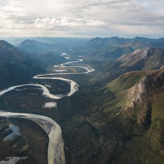 Aerial view of long winding river in Gates of the Arctic National Park and Preserve