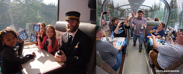 People enjoying a ride on the Alaska Railroad in the fall
