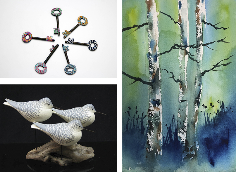 A collage of artwork: birch trees, birds, and keys.