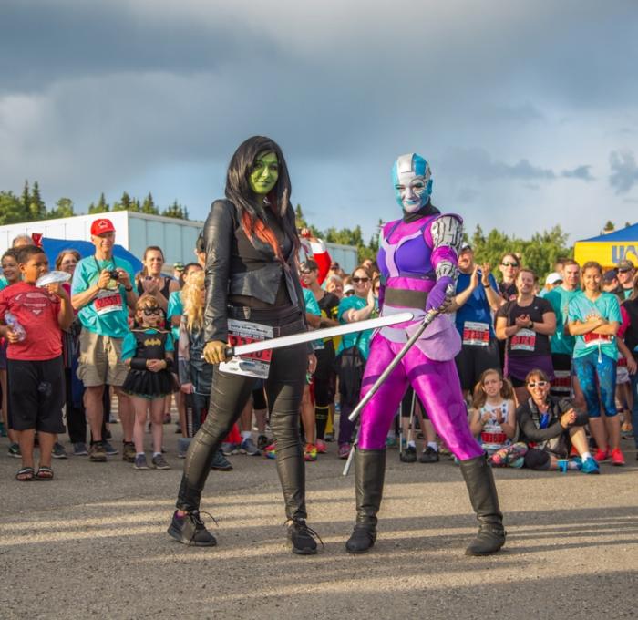 Heather Taggard/49 Designs two women at midnight sun run dressed as Nebula and Gamora from Marvel's "Guardians of the Galaxy"