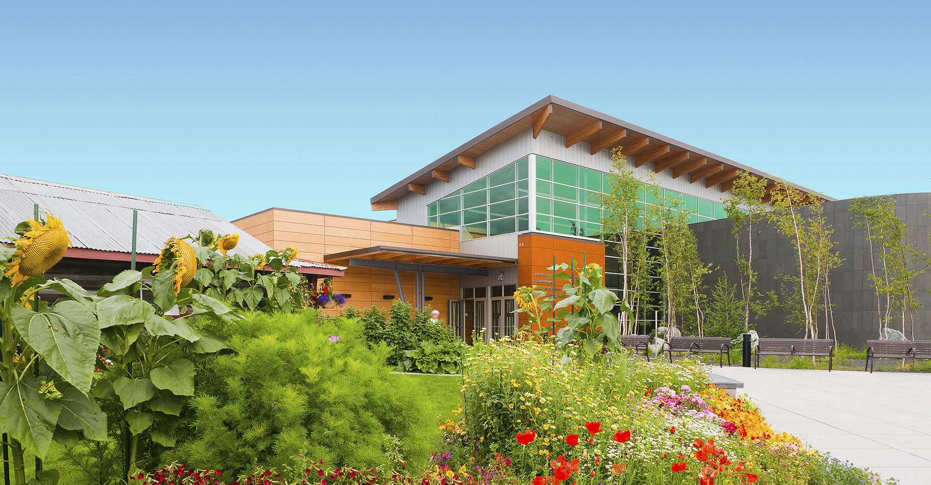 Morris Thompson Center with full summer garden