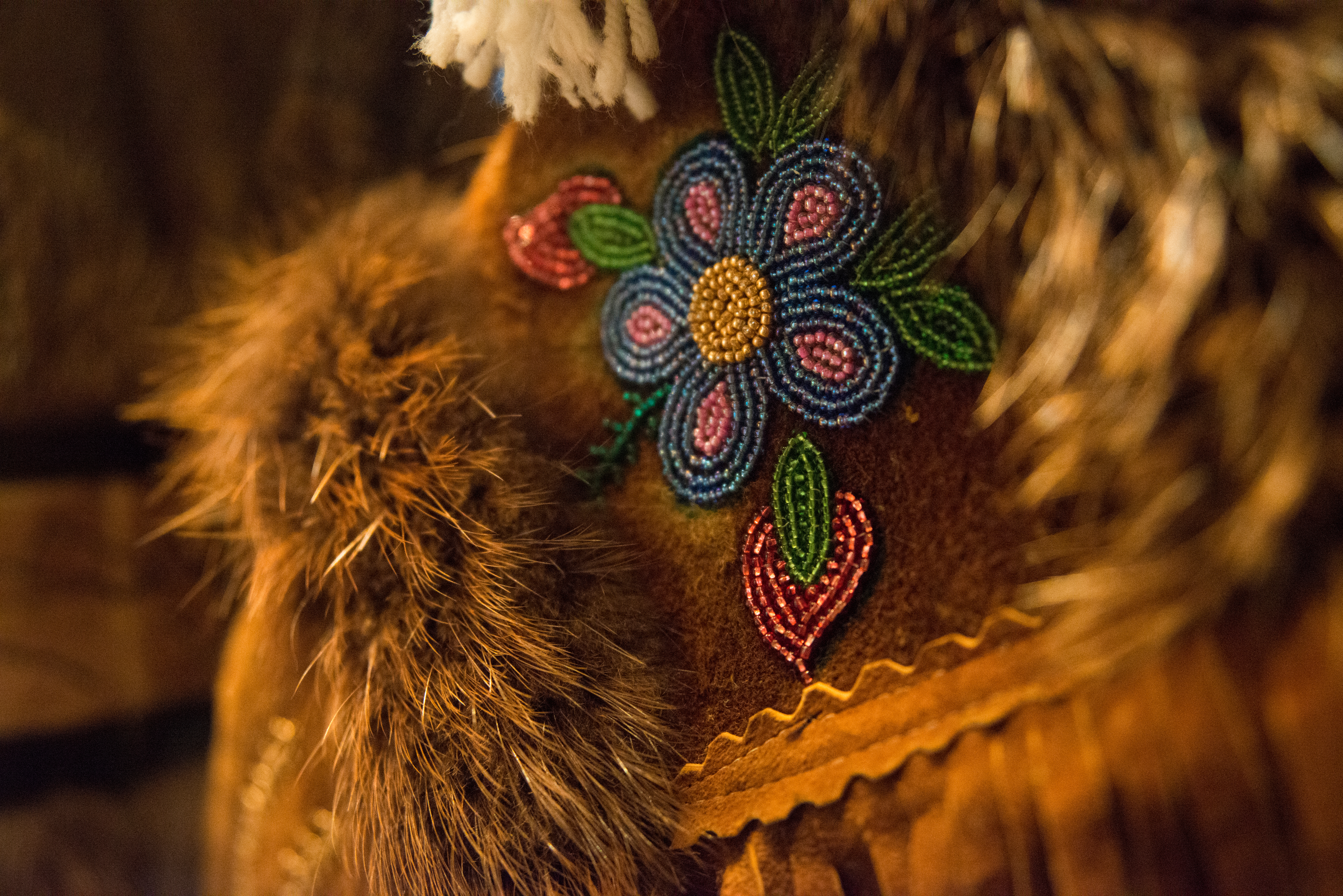 Close up view of Native Alaskan flower beadwork