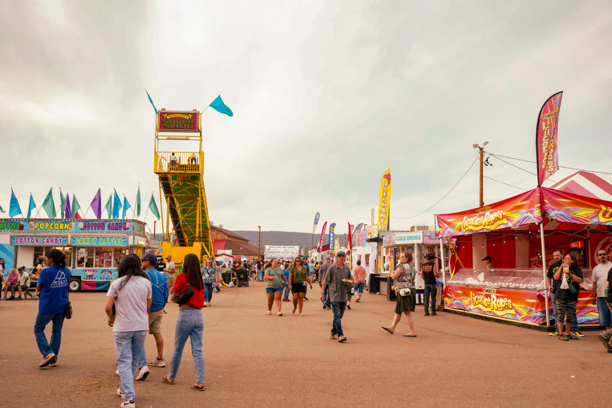 A wide-angle view of the Tanana Valley State Fair midway. Visitors are walking around, enjoying fair food and carnival rides.