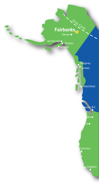 Coastal cruise map of Alaska, Canada, and the West Coast.